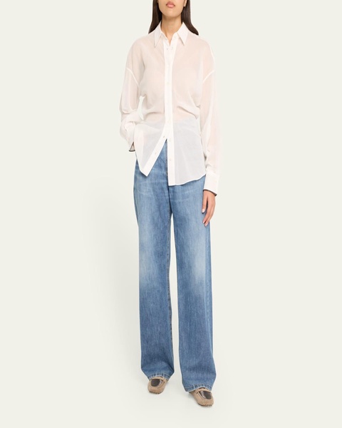 Monili-Cuff Cotton Twill Gauze Slim Blouse