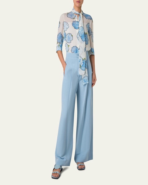 Tie-Neck Carnation Print Silk Chiffon Blouse