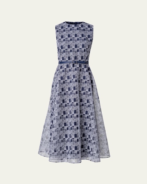 Abstract-Print Tulle Belted Midi Dress