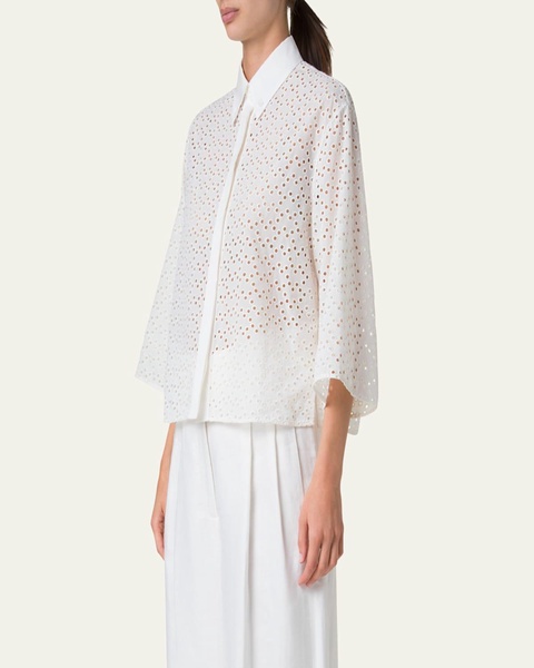 Eyelet Three-Quarter Sleeve Poplin Blouse