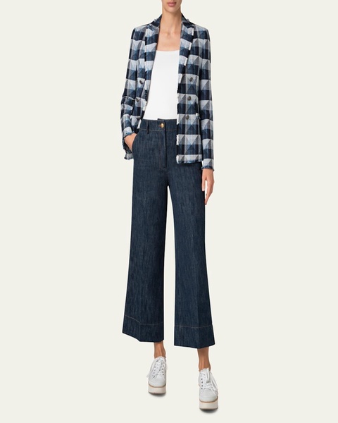 Rhombus Jacquard Denim Blazer with Double Breast Illusion