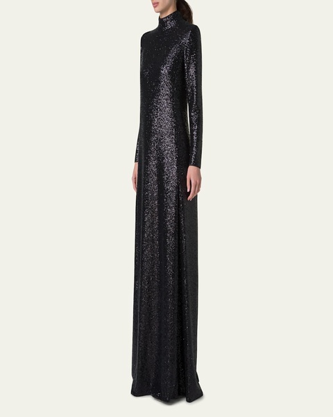 Sequined Jersey High-Neck Long Sleeve Gown