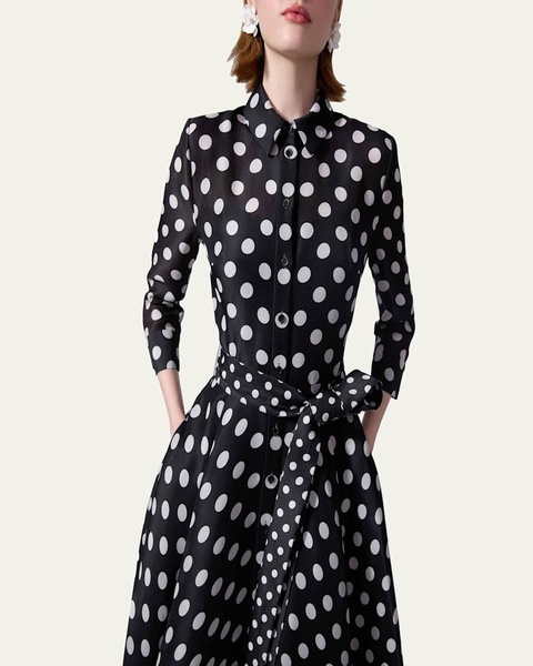 Polka-Dot Silk 3/4-Sleeve Trench Gown