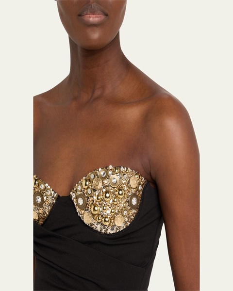 Crystal Button Cluster Embroidered Draped Mini Dress