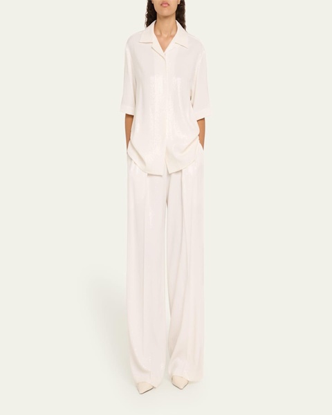 Sequined Short Sleeve Button Up Top