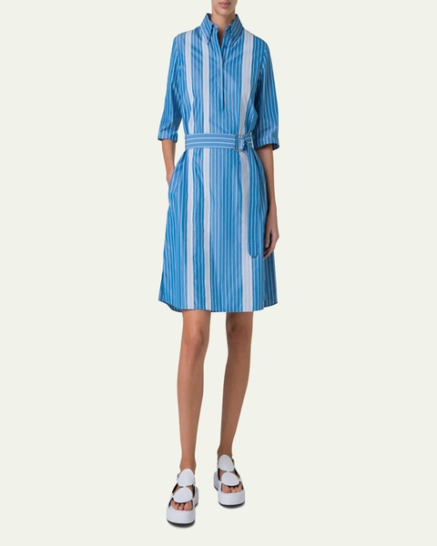 Striped Cotton Poplin Belted Short-Sleeve Shirtdress