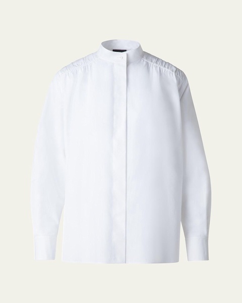 Gathered Shoulder Button Down Poplin Blouse
