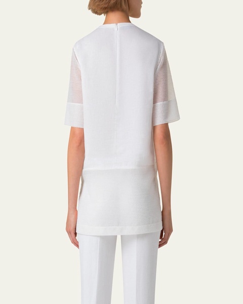 Mixed-Media Linen Striped Organza Short-Sleeve Blouse
