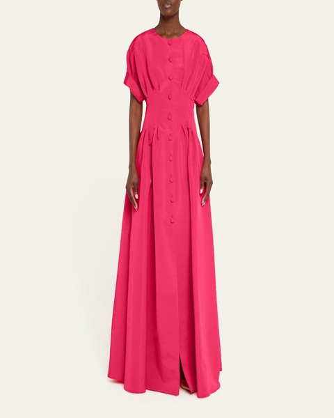 Corset-Waist Short-Sleeve Button-Front Gown