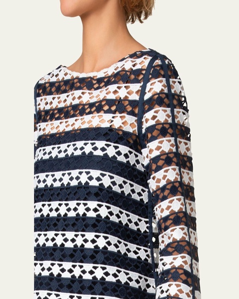 Kodak Striped Dot Guipure Trumpet-Sleeve Blouse