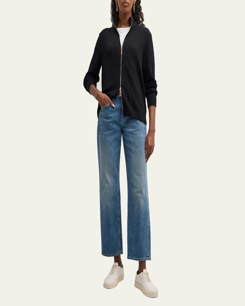 Cotton-Silk Tape Fitted Bomber Sweater