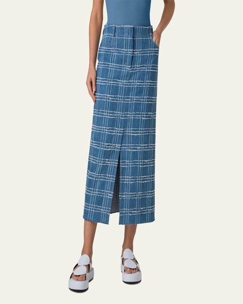 Fringed Check Denim Midi Skirt