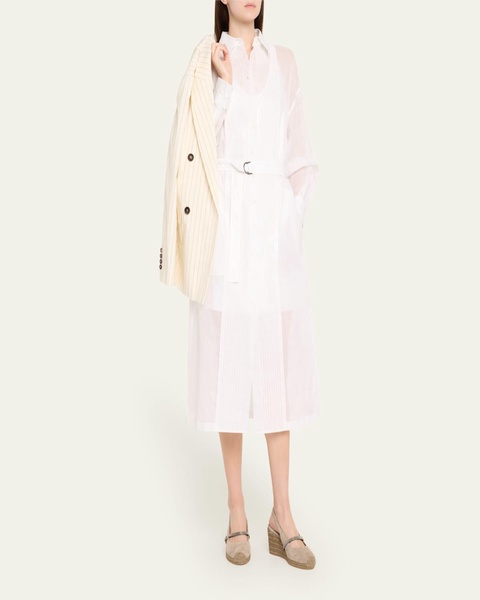 Tuxedo Bib Long-Sleeve Belted Organza Tunic Shirt