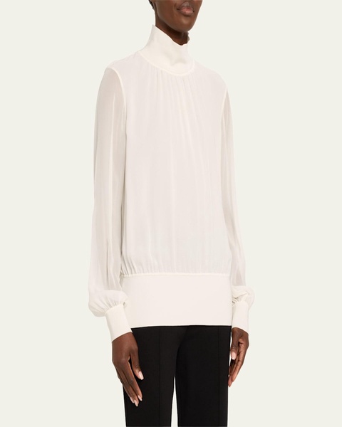 Turtleneck Blouson-Sleeve Silk Georgette Blouse