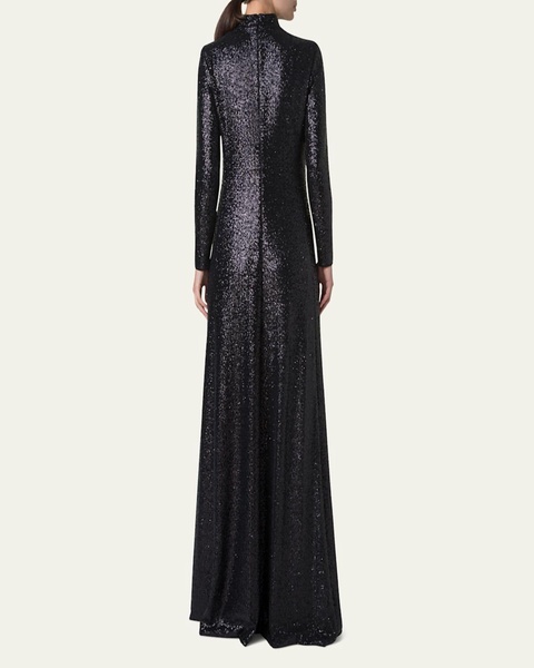 Sequined Jersey High-Neck Long Sleeve Gown