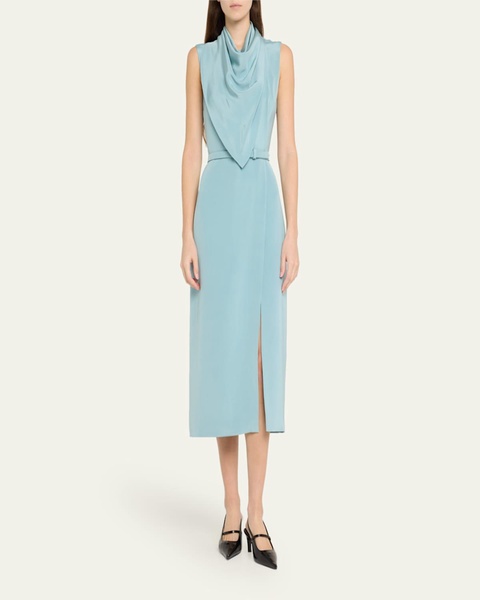 Scarf Drape Silk Crepe Midi Dress With Belt