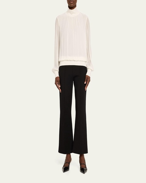 Turtleneck Blouson-Sleeve Silk Georgette Blouse