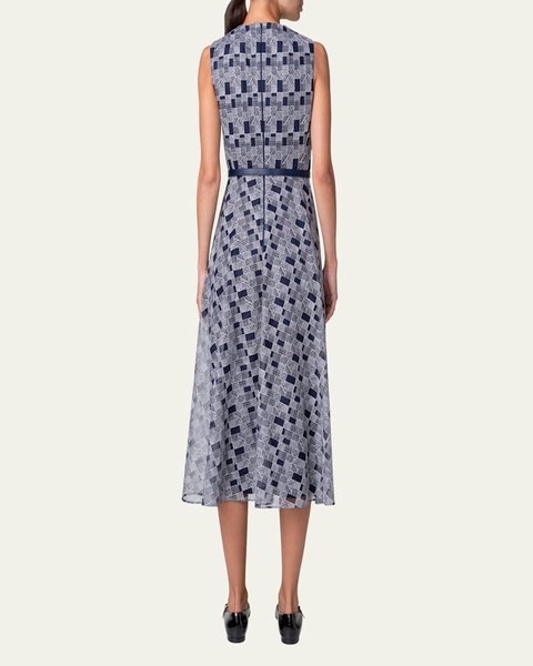 Abstract-Print Tulle Belted Midi Dress