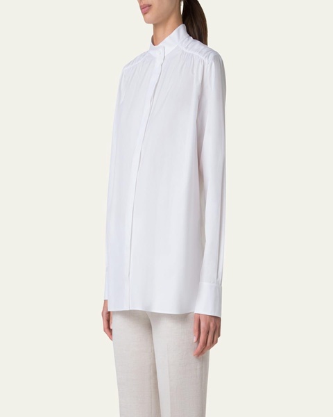 Gathered Shoulder Button Down Poplin Blouse