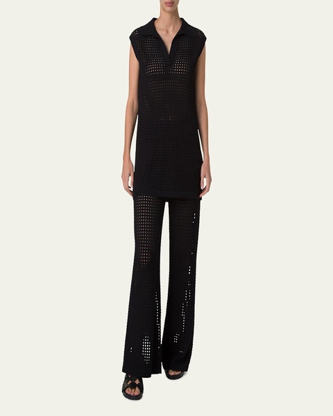 Long Chunky Mesh Knit Polo Top