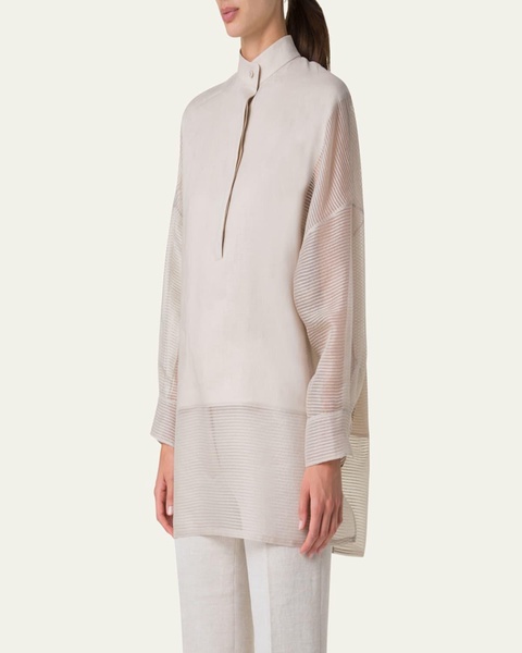 Mixed-Media Linen Toile Striped Organza Tunic Blouse