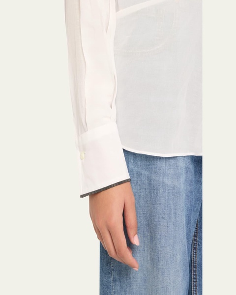 Monili-Cuff Cotton Twill Gauze Slim Blouse