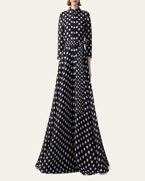 Polka-Dot Silk 3/4-Sleeve Trench Gown