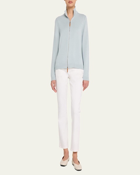 Cotton-Silk Tape Fitted Bomber Sweater