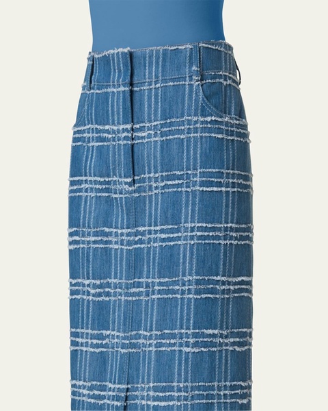 Fringed Check Denim Midi Skirt