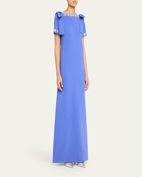Crystal-Trim Boatneck Column Gown With Shoulder Bows