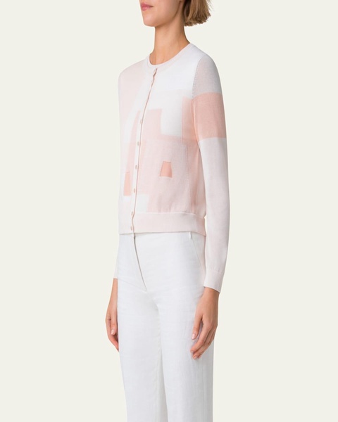 Short Trapezoid Intarsia Knit Cardigan