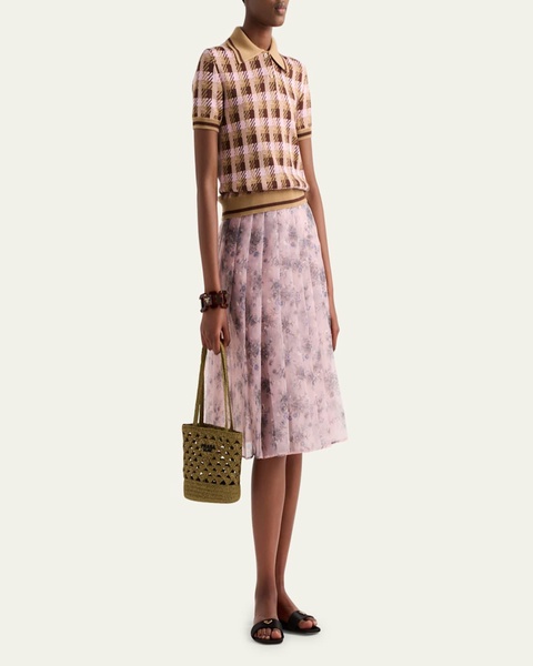 Nylonette Floral Print Pleated Midi Skirt