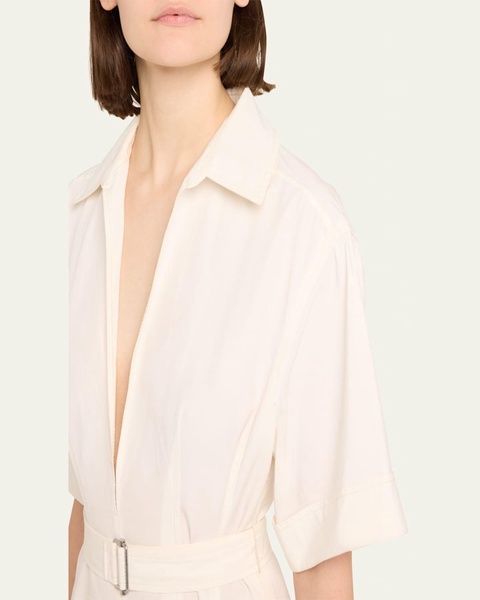 Deanna Belted Poplin Short-Sleeve Midi Shirtdress