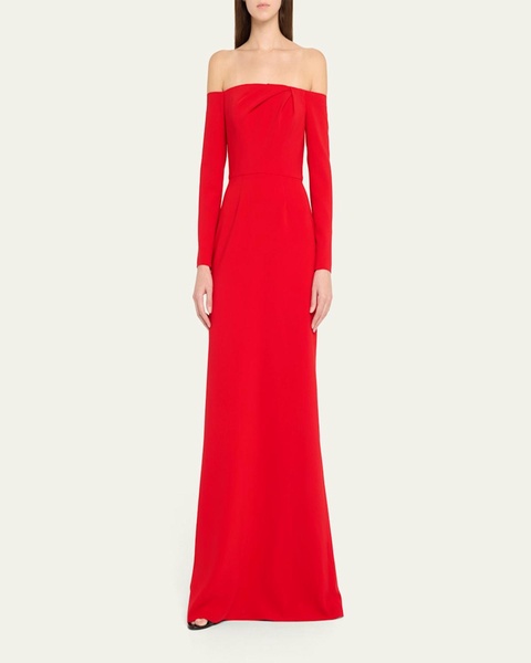 Draped Long-Sleeve Off-The-Shoulder Trumpet Gown