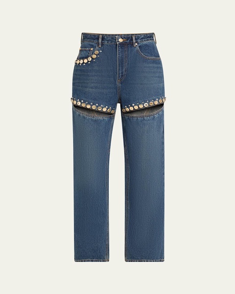 Crystal Button Studded Slit Straight-Leg Jeans