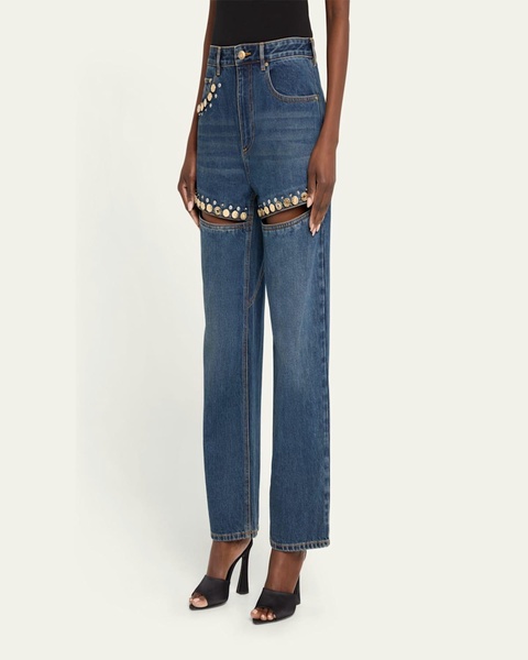 Crystal Button Studded Slit Straight-Leg Jeans