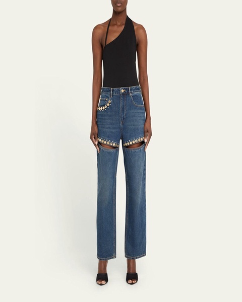 Crystal Button Studded Slit Straight-Leg Jeans