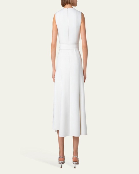 Asymmetric Pleated Wool Midi Dress with Belt