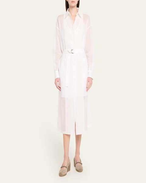 Tuxedo Bib Long-Sleeve Belted Organza Tunic Shirt