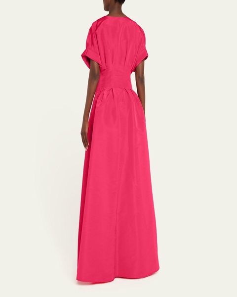 Corset-Waist Short-Sleeve Button-Front Gown