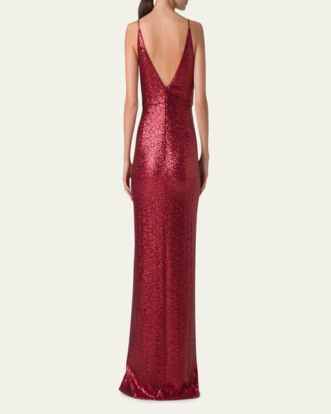 V-Neck Stretch Paillette Jersey Slit Gown