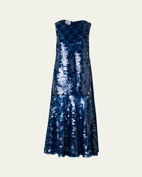Mix-Media Dot Sequined Flounce Midi Dress