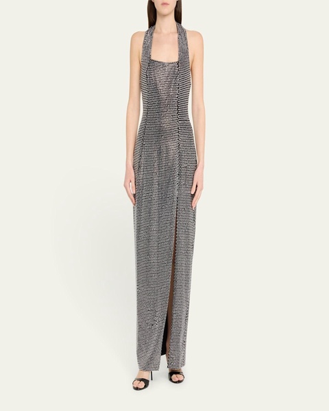 Crystal Embellished Halter Slit Gown