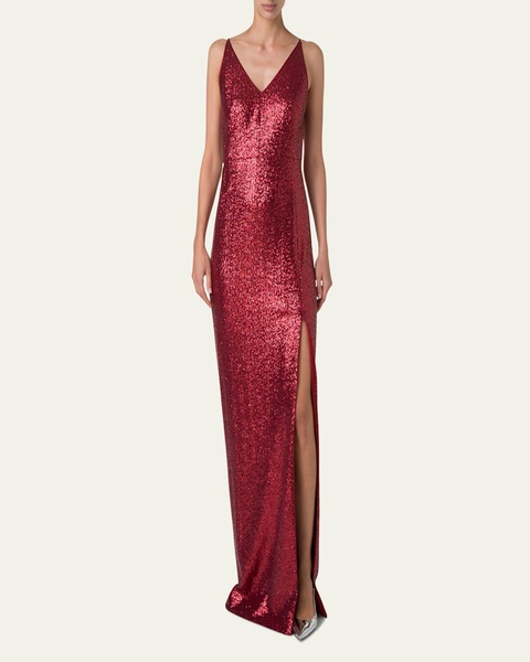 V-Neck Stretch Paillette Jersey Slit Gown