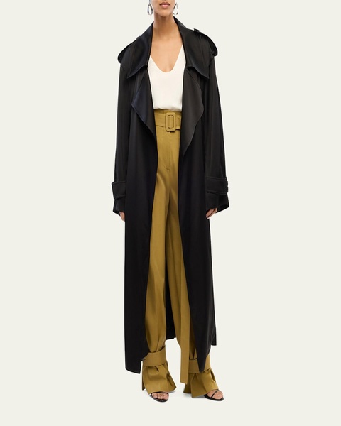 Soft Satin Belted Long Trench Coat