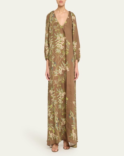 Puff-Sleeve Printed Linen Maxi Dress