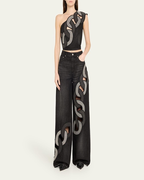 Chain Cutout One-Shoulder Denim Crop Top