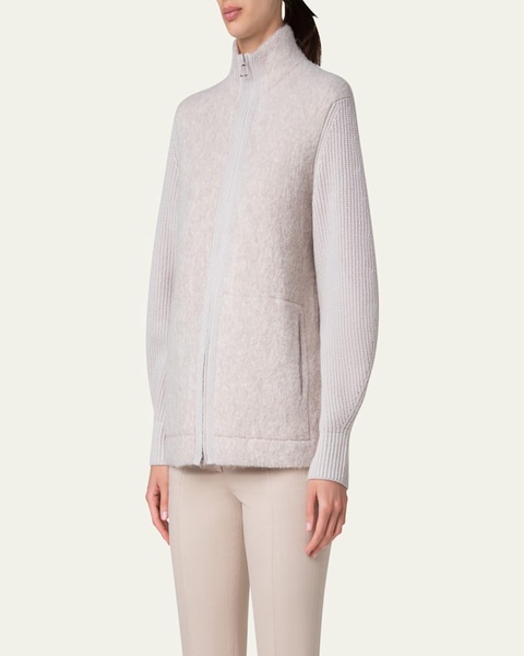 Cashmere and Silk Knit Cardigan with Boucle Front
