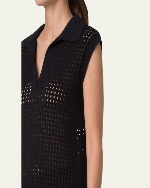 Long Chunky Mesh Knit Polo Top