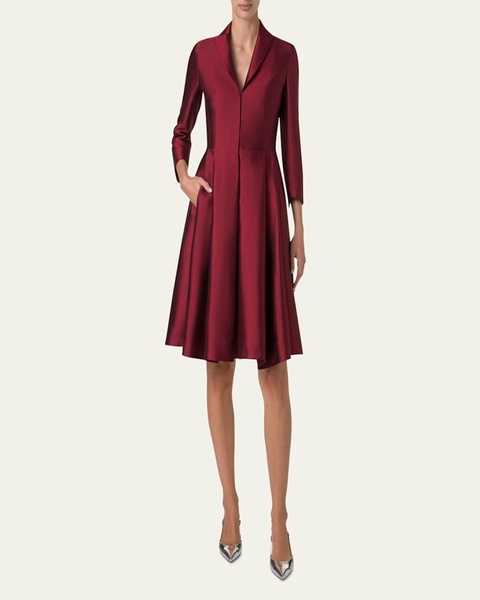 Dupion Three-Quarter Sleeve Pleated Cocktail Dress